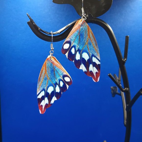Vegan Leather Blue/Orange Butterfly Wing Earrings. - Picture 3 of 4